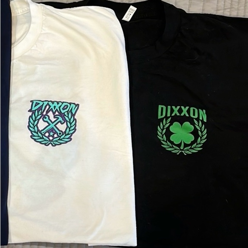 2 Dixxon tshirts MENS XXXL (3X) white, black. Slightly used shirts.